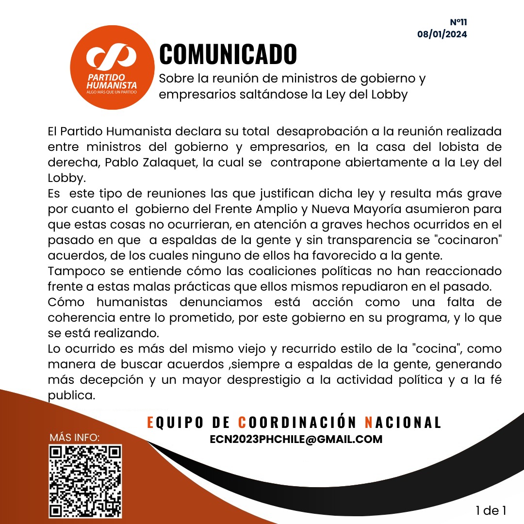 phumanista's tweet photo. Partido Humanista rechaza en forma categorica reuniones privadas entre ministros del actual gobierno con empresarios a escondidas del pueblo chileno @Diputada_Arce https://t.co/ls6rH5OhYe