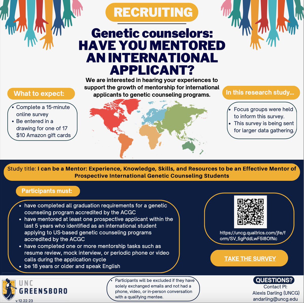Have you mentored an international genetic counseling applicant? You may be eligible to join our survey to share your insights!  

Please note, the survey will be easier to complete on a computer rather than a mobile device due to the format of certain questions.