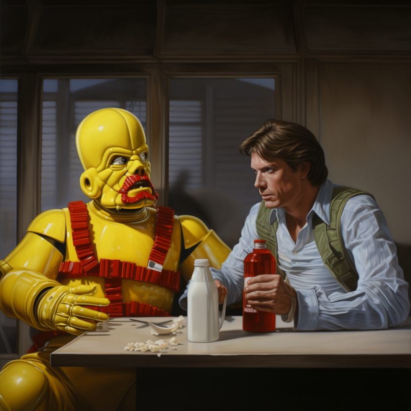 Midjourney is totally broken when I ask it for Han Solo and Ronald McDonald  - I have tried hundreds of mixed prompts and it cannot do it... alone it can do either but together it's just beyond AI's capabilitys (#HowToBreakSkyNet)