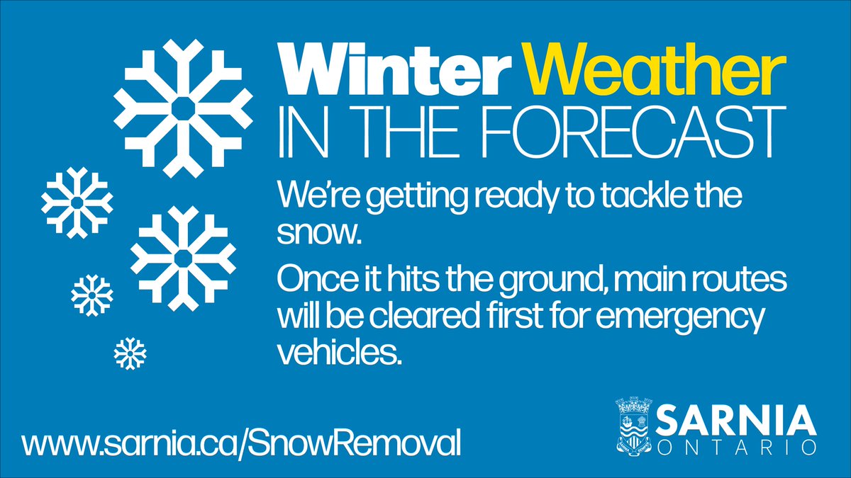 Environment Canada has issued a statement for Sarnia, calling for snow (up to 5 cm) turning to rain on Tuesday morning.

If the snow sticks, we’re ready to move on snow removal, starting with primary roads to ensure emergency vehicles can keep moving.

sarnia.ca/SnowRemoval