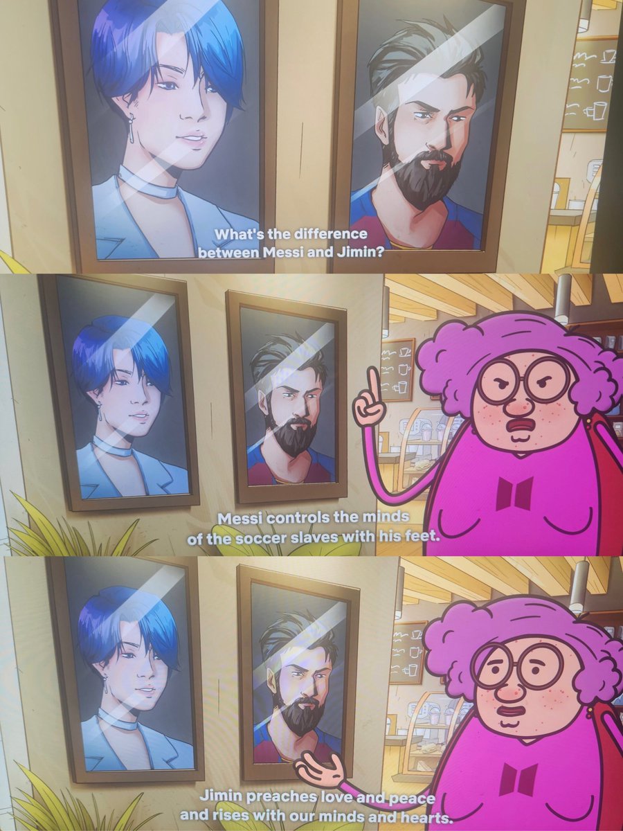 JiminGlobal's tweet photo. Jimin was mentioned in the Saudi Arabian animation series “Masameer County” on Netflix! ☺️

👤 What’s the difference between Messi and Jimin?
👤 Messi Plays football and people worship his feet
👤 Jimin preaches love and peace, and rises with our minds and hearts 

🤗🥰 https://t.co/gm0XhFi43V