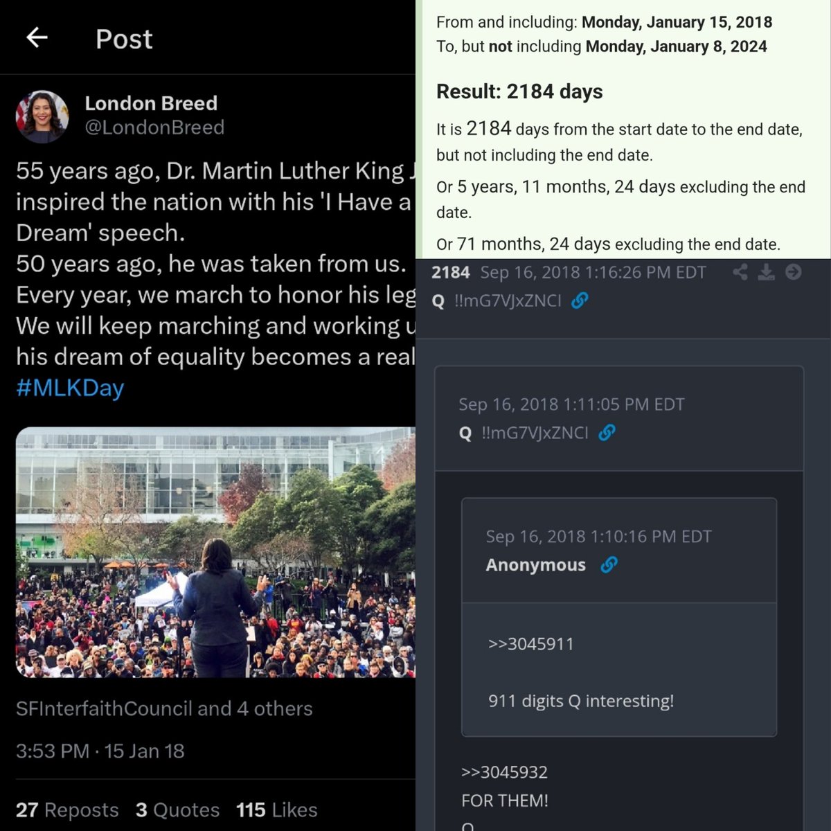 TraderGirlQ's tweet photo. 🚨BREAKING BLACK SWAN EVENT

SUSPECT 44YO > Q POST 44 "MY FELLOW AMERICANS" 🇺🇸

JIM CRAMER 9/11 > DREAM FORCE + WATERFALL (STOCK MARKET)💧

9/11/2023-1/8/2024=119 DAYS 🪞9/11 🌒

RATM QUIT 1/2/24 - THEN CAME THE SHOT 🔫🎵

DAN SCAVINO VIDEO > DREAM ON AEROSMITH 🎶

TRUMPS RALLY > IF I CAN DREAM

JFK HAD A DREAM SHOT🔫

MLK HAD A DREAM SHOT🔫

LONDON BREED > 55 MLK DREAM > 2184 DAYS AGO. 🔫

LONDON BREED > MAYOR SAN FRANCISCO > GGB FALLS > LONDON HAS FALLEN 🌉

Q POST 2184 > 9/11 BUCKLE UP 🤯

OPERATION SANDMAN > BRICS > SAUDI ARABIA + IRAN 1 JAN. MARKET SELL OFF / COLLAPSE 🔴

EXPLOSION 2 MIN FROM JFK MEMORIAL PLAZA 🏨

GOLDEN GLOBES 1/7/24 BLACK TUX, SWAN PIN 🦢 MARGO ROBBIE "GREEN LIGHT" 🟢

Q: LEAK TURNS INTO A FLOOD > MSM "GAS LEAK" 🌊

GET READY FOR IT YOU KNOW WHATS COMING NEXT! ⏰

SIX OCLOCK CAN BE DANGEROUS
