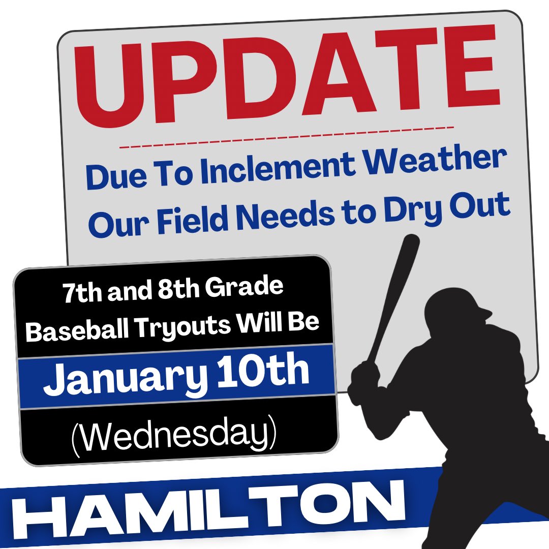 Announcement: Important UPDATE Regarding BASEBALL TRYOUTS! 

🗓️ January 10, 2024 (Wednesday)

#HamiltonMiddleSchool

<a href="/BluiettLucretia/">Lucretia Bluiett</a> <a href="/MrsAgnew18/">Coach A M.Ed</a> <a href="/HISDAthletics/">Houston ISD Athletics & UIL Academics</a> <a href="/petecarter3/">Erika Carter</a> @HISDCentral @TeamHISD <a href="/JobsonMath/">mathTECHmatics</a> <a href="/MrsAguasTweets/">Tricia N. Aguas</a>