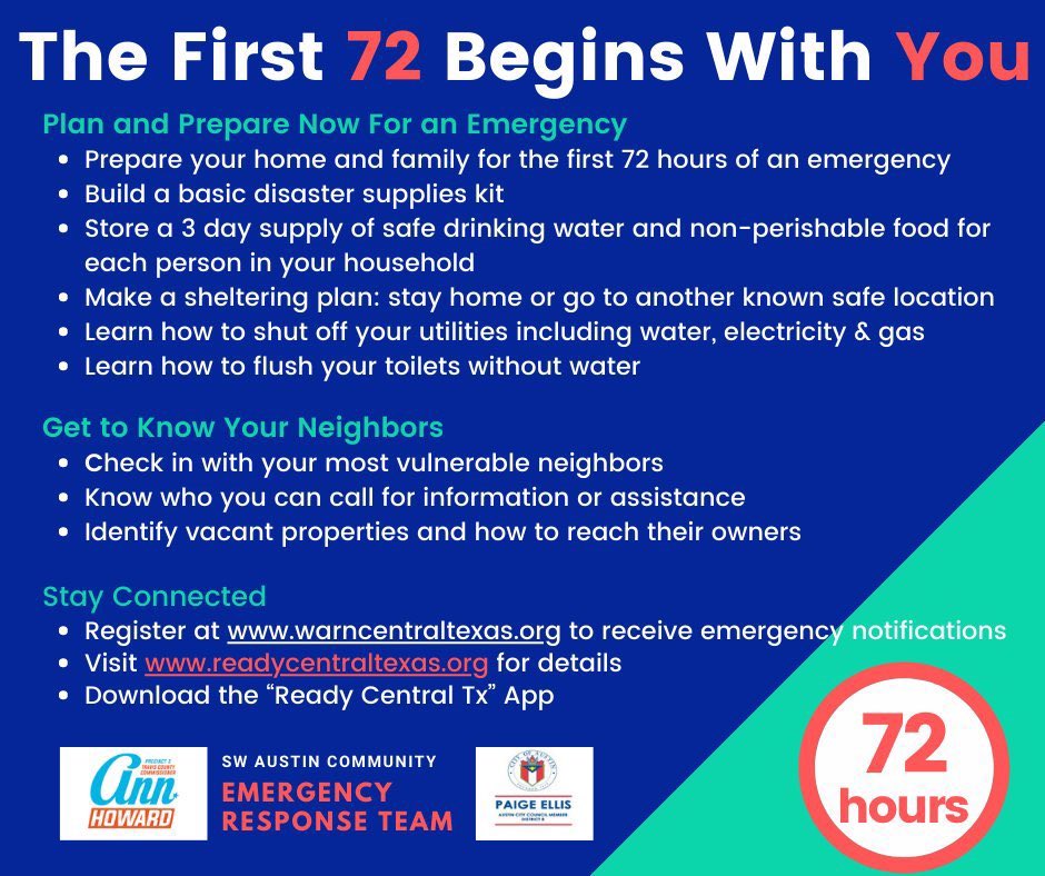 PaigeForAustin's tweet image. 🥶 Freezing temps are on the way! Are you prepared? 

🔲Check your bottled water
🔲Plan your food
🔲Make sure you have prescriptions filled for people &amp;amp; pets 
🔲Have any other emergency items readily available
🔲 Know your neighbors, they may need assistance or be able to help