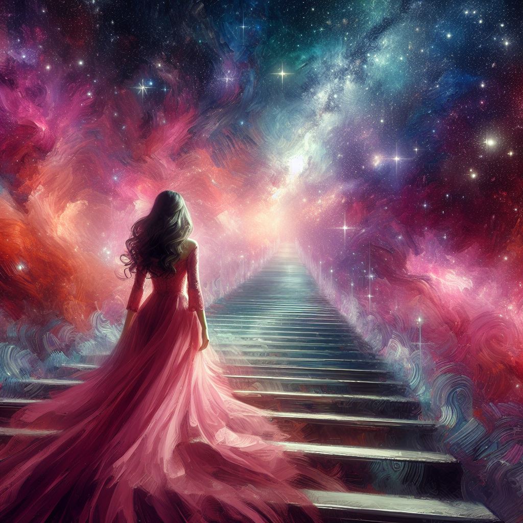 'Ascending to Stardust: A Woman's Journey up Vibrant Stairs 🌟 #StairwayToDreams #ColorfulAdventure @bing