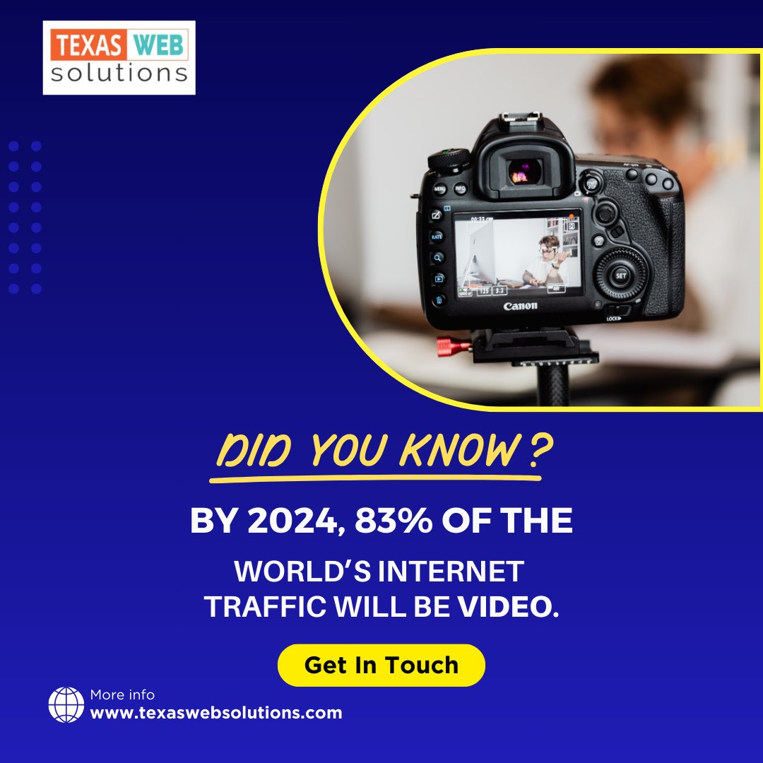WebsolutionsTx's tweet image. Did You Know? By 2024, a staggering 83% of the world&apos;s internet traffic will be video content! Keep your business from falling behind in the digital era. Stay ahead of the curve with our cutting-edge web solutions. Visit us at texaswebsolutions.com #FutureOfInternet #Video