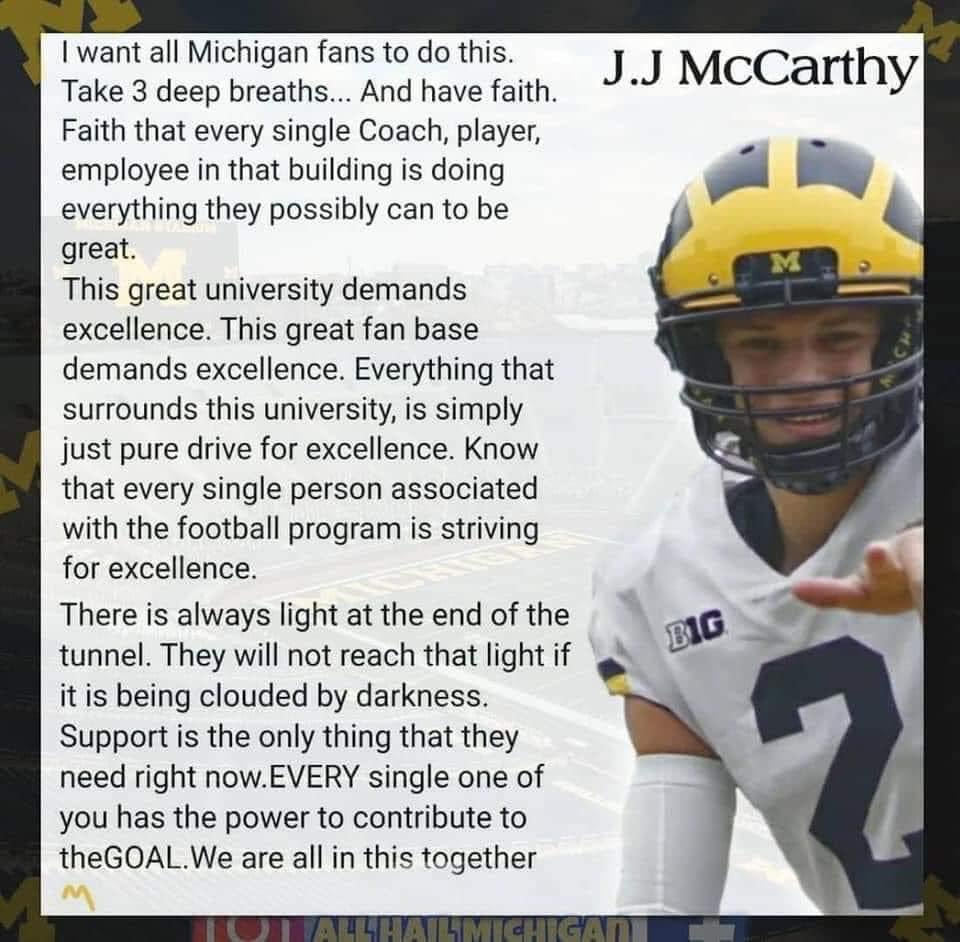 Imagine writing this as a high school kid when Michigan seems to be at its lowest, then promising that you will beat OSU, you will win a @B1Gfootball Championship, & you will also win a @CFBPlayoff National Championship and then delivering! Take a bow @jjmccarthy09! #BET