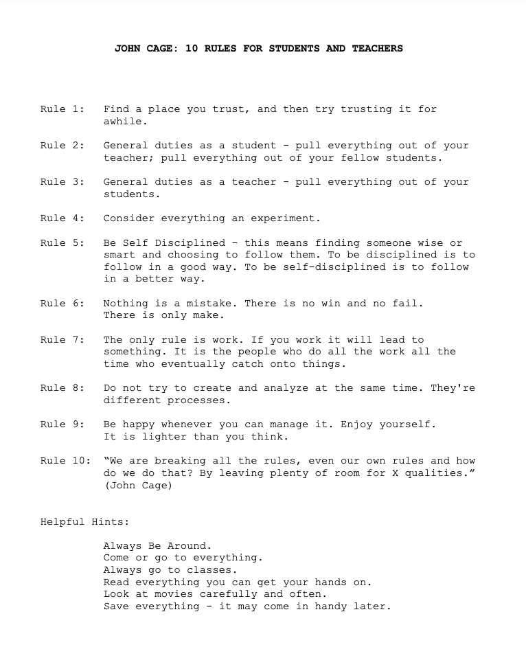 noampomsky's tweet image. 10 rules for students and teachers, John Cage
