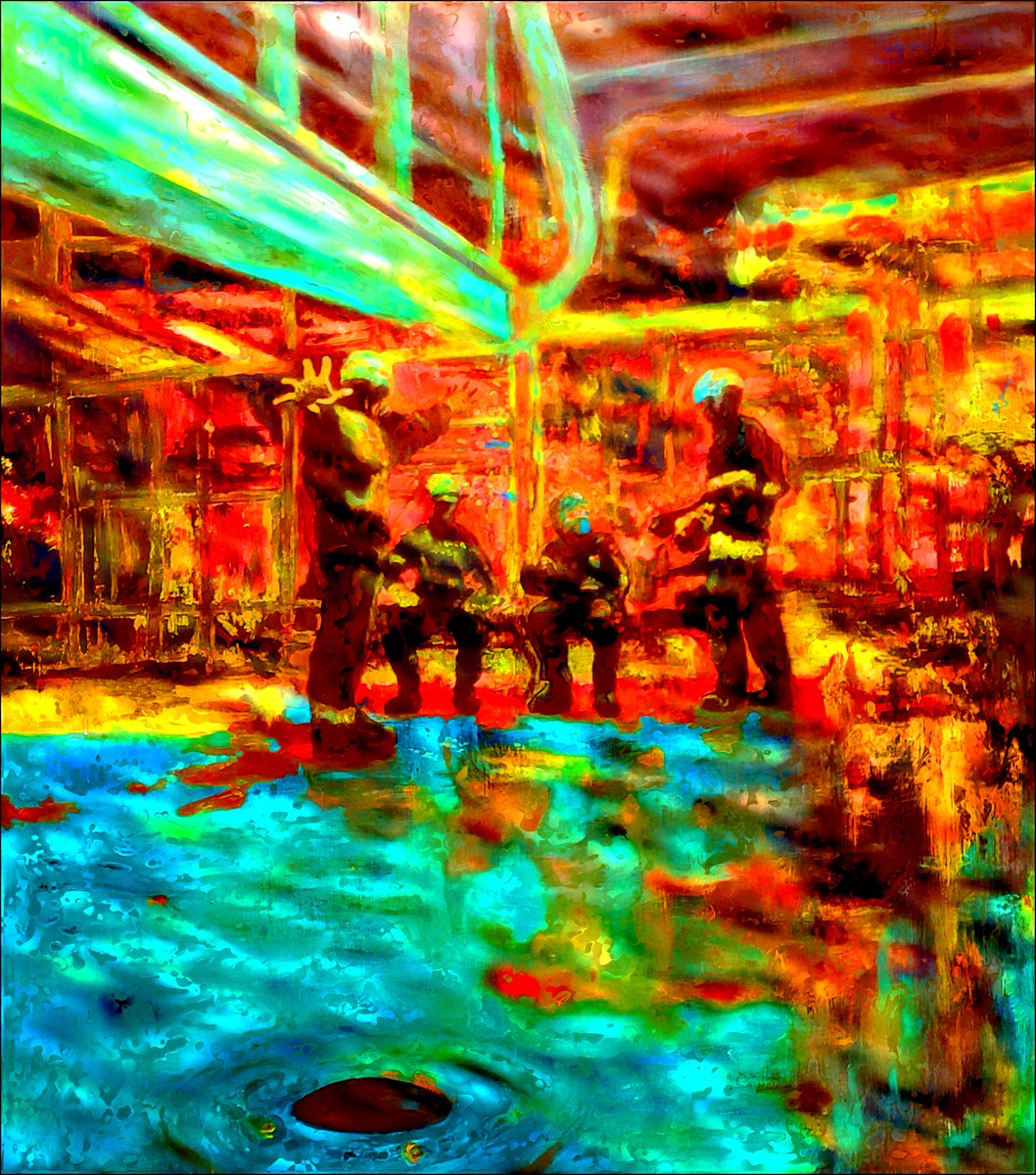 PDcafargo's tweet photo. OIL RIG CREW IN ORANGE & ULTRAVIOLET LIT BACKROOMS - VARIATIONS. Original painting on wood panel, scanned and modified with 3D filters and tools. 2024.
cafargo,com
#art #painting #digitalart #2d #Filterforge #longemergency #endofempire https://t.co/0MNpM0upif