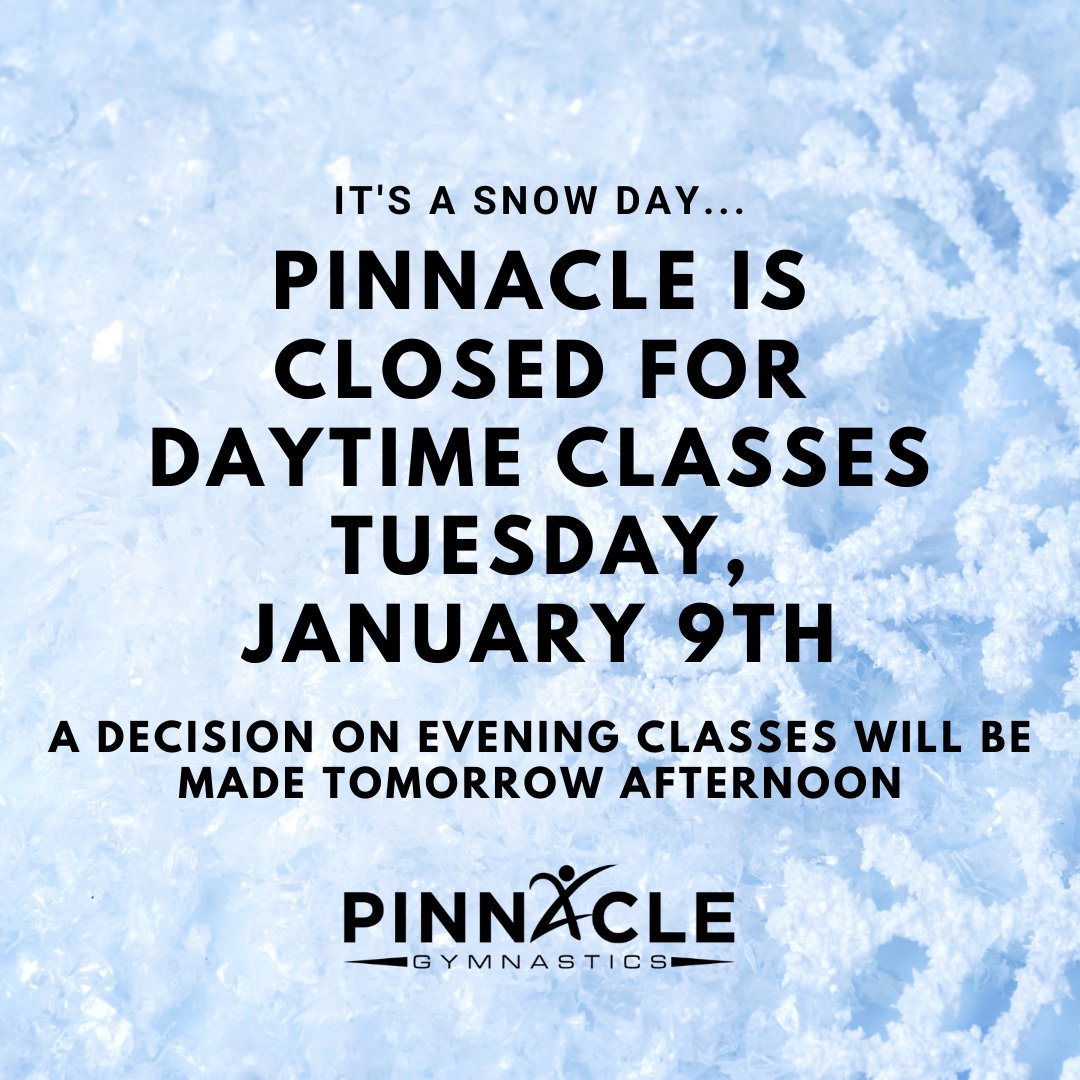 pinngym's tweet photo. ⚠️ Heads up, Pinnacle Fam! No morning classes or ELT tomorrow, January 9th. We'll let you know about Tuesday evening classes tomorrow afternoon! ❄️

#PinnGymLife #SnowDay https://t.co/0af0eVbYkq
