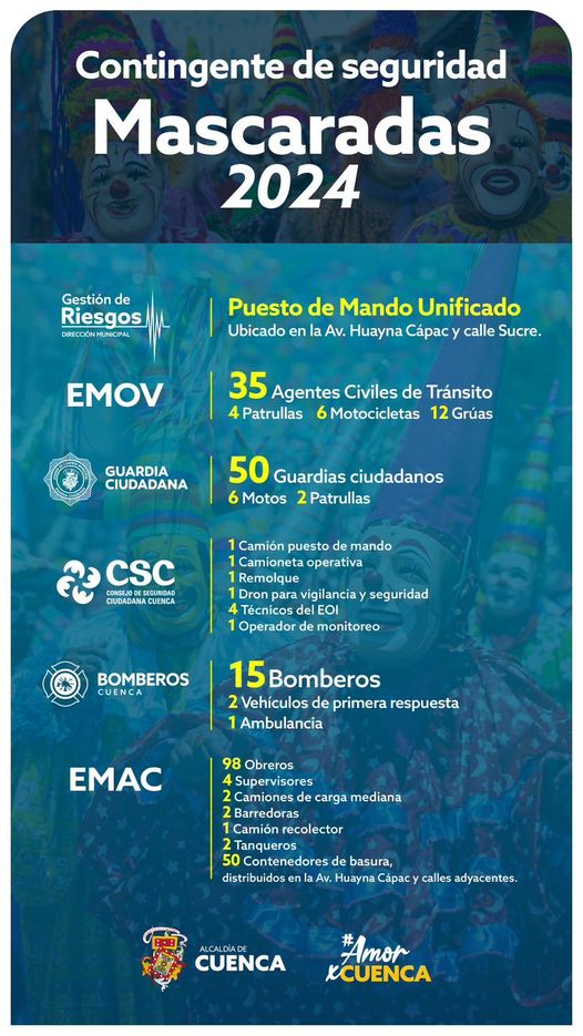 ¡Seguridad, humor y diversión en las #Mascaradas2024!
Nosotros cuidamos de ti y tu seguridad con:

Dirección Gestión de Riesgos
EMOV EP Cuenca
Guardia Ciudadana Cuenca
Consejo de Seguridad Ciudadana Cuenca
Bomberos Cuenca
EMAC EP

Trabajamos siempre con #AmorPorCuenca