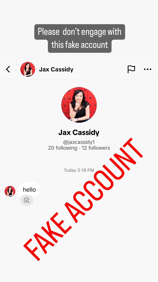 jaxcassidy's tweet photo. You know you’re something when someone is impersonating you on IG & TikTok 😂

Please report them because I’ll never direct message with just a boring hello. I’m pretty sure it’s the same hackers who currently stole my fan page on Facebook. Of course, I’m helpless and couldn’t get the account(s) back. These thieves pay for ads on FB so they are allowed to continue using my platform. Unfortunately, I can’t do anything about it. 🤬🤬

Please let me know if any other accounts are posing as me! 🙏