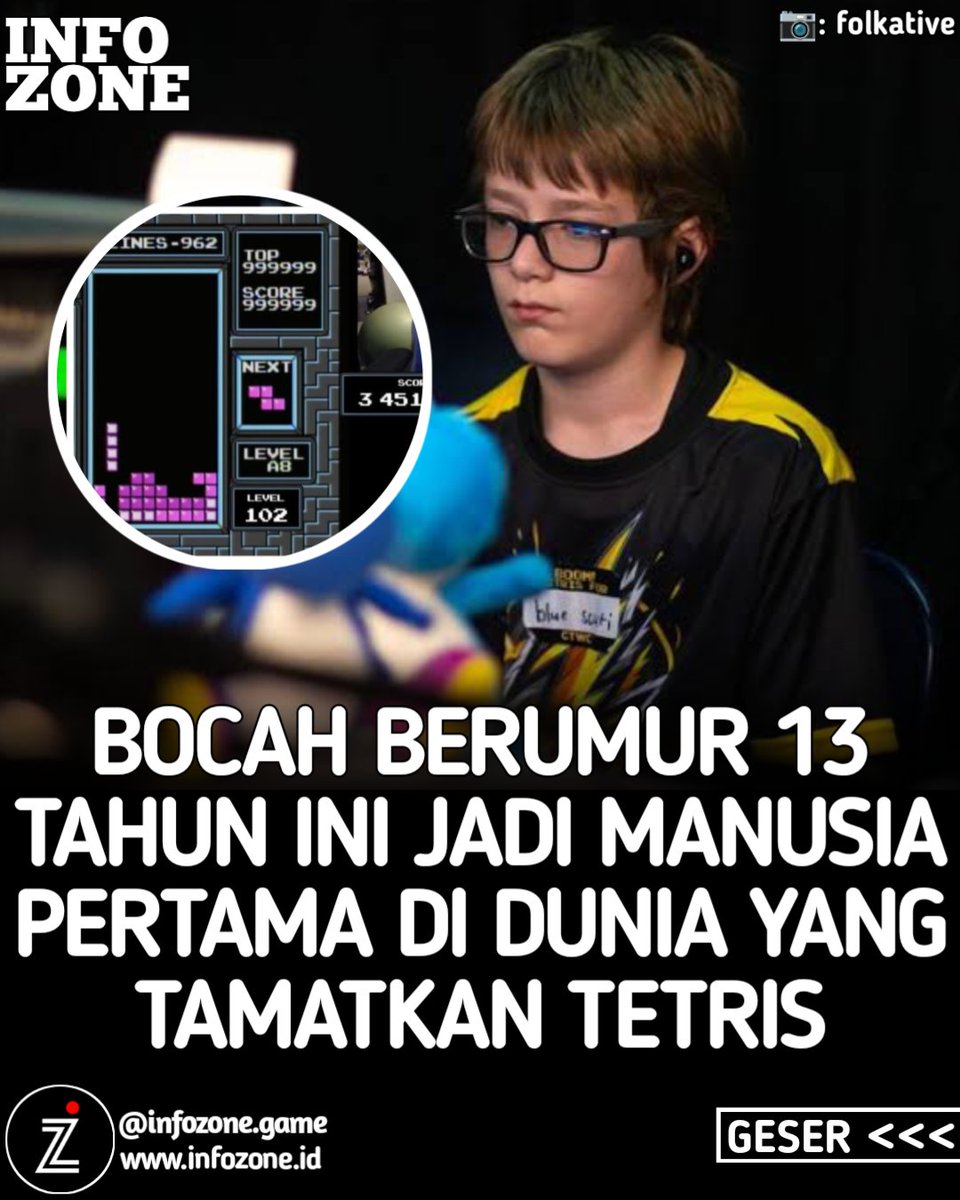 infozonegame's tweet photo. Willis Gibson, seorang remaja berusia 13 tahun menjadi orang pertama yang memenangkan permainan Tetris asli buatan Nintendo yang berakhir di level 157 https://t.co/lFJrc3JzBN