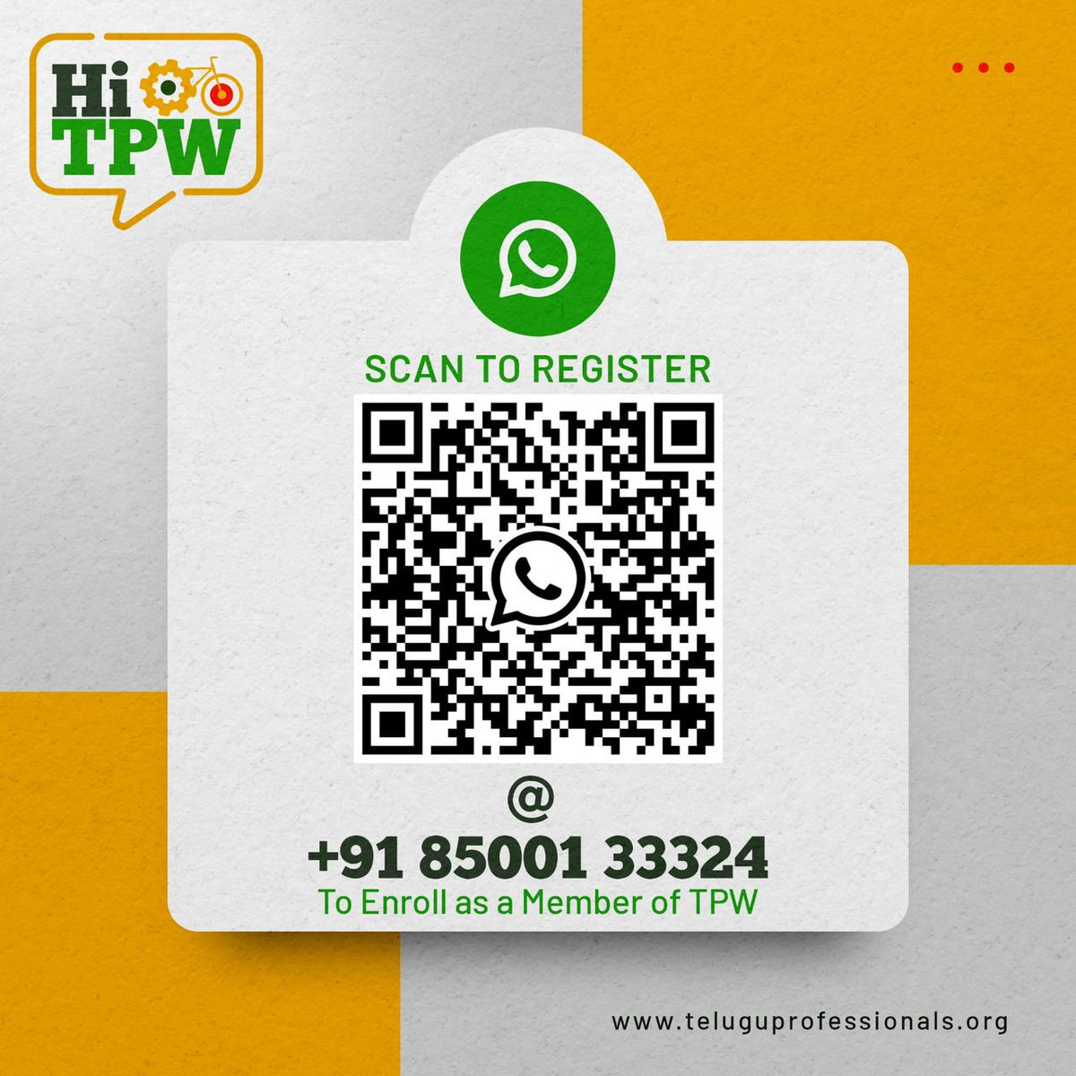 ✌🏼*Hi TPW*✌🏼

*Scan the QR code to be a member of TPW*

Do you want to become a member of *Telugu Professional Wing*. Just say “*Hi TPW*” @ 8500133324 or scan the QR code. 

Join the vibrant team to work for TDP 👍🏼

~ Team TPW

#TeluguProfessionals #YoungProfessionals