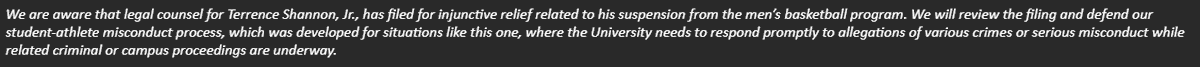 imandyolson's tweet photo. Just In: UIUC spokesperson Robin Kaler has issued a statement on Terrence Shannon Jr.'s temporary restraining order against the University to lift his suspension: https://t.co/HGyKdODz7x