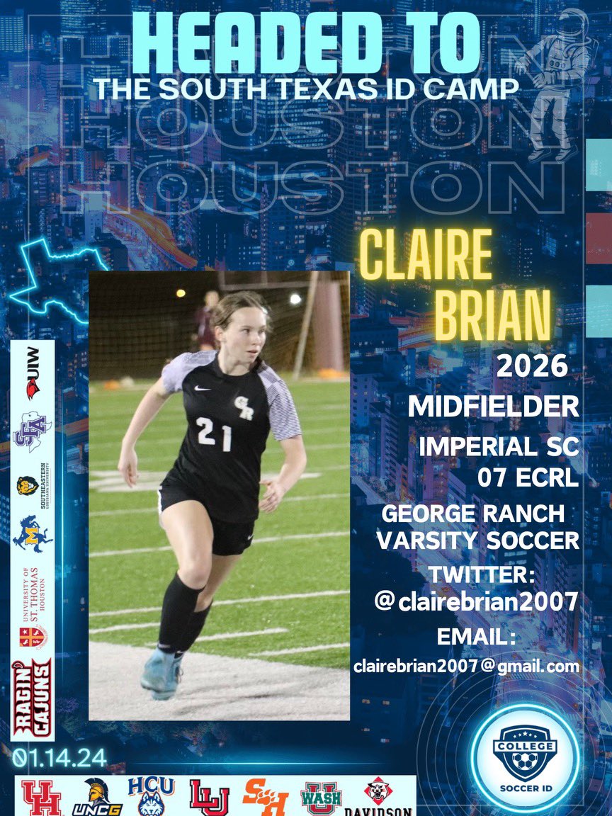 clairebrian2007's tweet photo. Excited to attend my first @CollegeSoccerID. Looking forward to the training and meeting other players and coaches.🔥⚽️
@LamarWSoccer 
@BearkatsSOC 
@UNCGWSoccer
@SFA_Soccer 
@McNeeseSoccer 
@UIWWomensSoccer
@RaginCajunsSOC 
@LionUpSoccer 
@UHCougarSoccer 
@WASHUwSoccer https://t.co/fZyjEu9Sb0