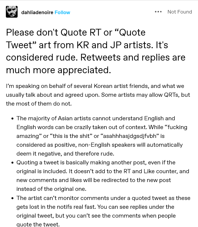 lizcourserants's tweet photo. For people genuinely curious about this Twitter etiquette, I remember first hearing about it on tumblr. I found the post if you would like to read more of an explanation as to why some Asian artists find quote-retweeting to be rude. 

(Link below in another tweet.) https://t.co/AM7oMkucLd