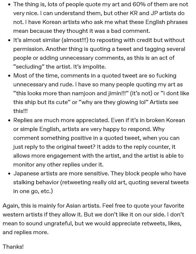 lizcourserants's tweet photo. For people genuinely curious about this Twitter etiquette, I remember first hearing about it on tumblr. I found the post if you would like to read more of an explanation as to why some Asian artists find quote-retweeting to be rude. 

(Link below in another tweet.) https://t.co/AM7oMkucLd