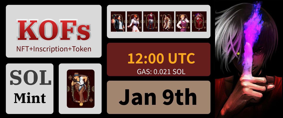 0xBclub's tweet photo. 🎉🕗 今晚8點，#KOFS 遊戲獨家Freemint鑄造銘文啓動！🚀
🥊 加入 #Sol 鏈上首款拳皇風格對戰遊戲！感受經典格鬥的激情！

🔥 項目亮點：
1⃣ 【#NFT鑄造】今晚8點正式開始！不容錯過的時刻！
2⃣ 【#拳皇首發】SOL鏈上首款拳皇遊戲，獨特體驗等你探索！
3⃣ 【#三重資產】持NFT享NFT+銘文+代幣的三重收益！
4⃣ 【#限量發行】僅100,000枚NFT，首100名用戶免Gas鑄造！

🌐 鏈接和詳情：

立即鑄造：https://t.co/VzpUwpiEHh
官網：https://t.co/9fZAFlKNaZ
Twitter：https://t.co/6eENfiYkwT