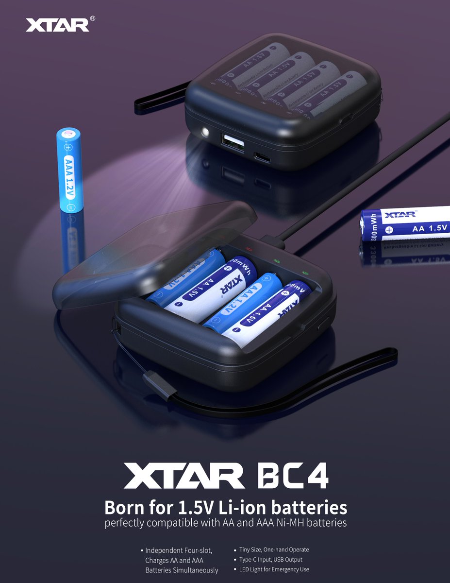 XTAR_Hazel's tweet image. Rechargeable AA/AAA Charger 
•For 1.5V Li-ion &amp;amp; 1.2V Ni-MH
• Emergency power bank : supports Li-ion/Ni-MH/dry batteries
• LED light for emergency use
• Tiny size, one-hand operate
#XTARBC4 #ChargeAndIlluminate #CompactConvenience