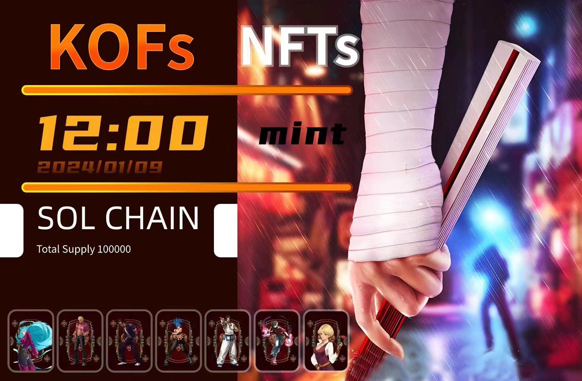 Blockchainrese6's tweet photo. 【项目速递DYOR】
#KOFS 是 @MEMEcex 旗下经典对战游戏
✔三重创新转换协议，采矿，治理，收益，游戏
✔持有NFT将获得NFT+铭文+代币三重资产
✔KOFS超级NFT铭文全能协议
NFT+铭文+代币
1NFT=1铭文=1000000代币

Mint 总量为 100,000 NFT。 前 100 个免gas费。 费用将在铸币结束后退还。
时间：北京时间1月9日晚上八点
地点：https://t.co/EuQWFruwl4