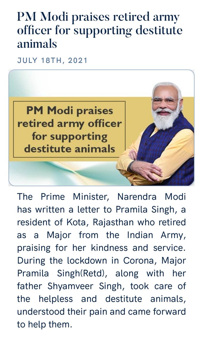 SanotoshT's tweet photo. PM Modi praises retired army officer for supporting destitute animals
https://t.co/Ao0Pf7xww4 via NaMo App https://t.co/eCa2lGNNye