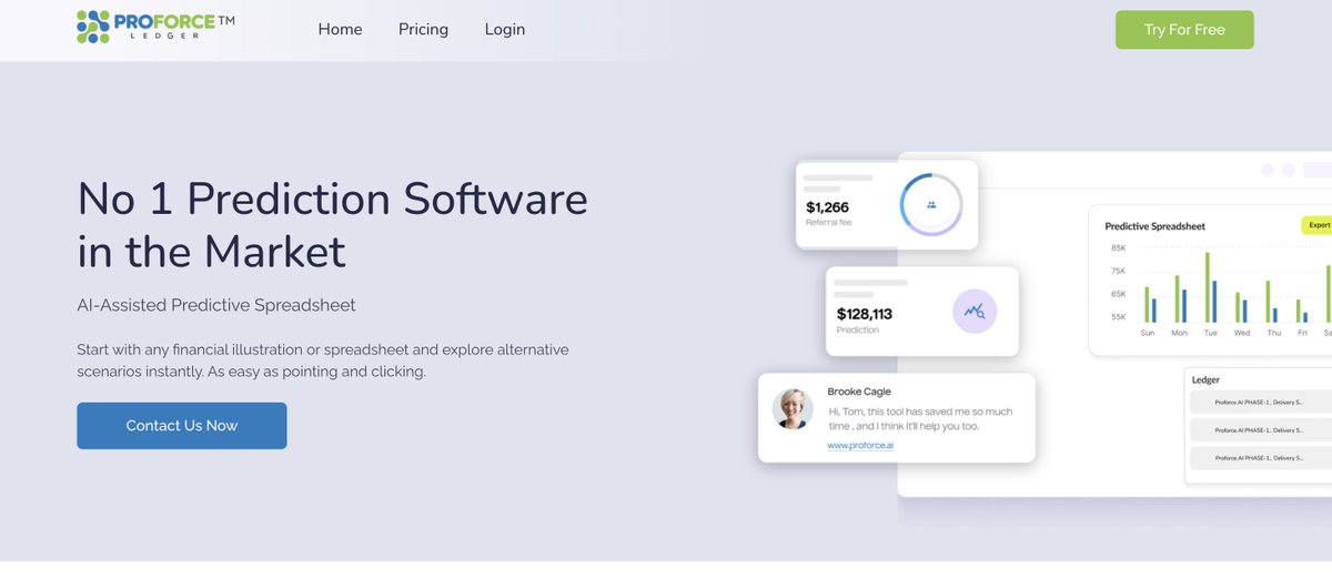 proforceledger's tweet image. Proforce is live at proforce.ai. Get free early access and turn any insurance illustration into an instant AI prediction machine. Use to enhance your existing financial planning designs, or to quickly answer questions and facilitate decision-making at point-of-sale.