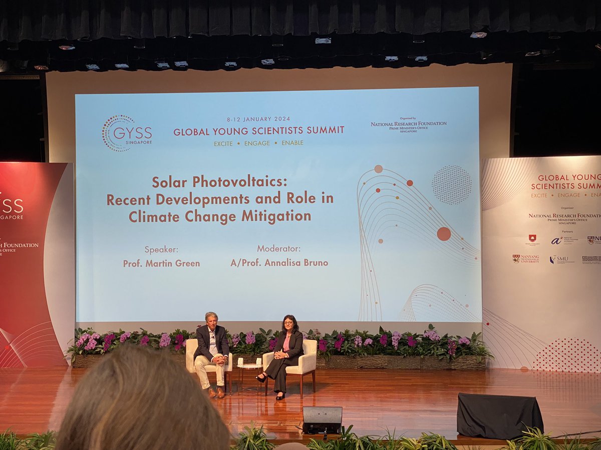 Dr_SalamSalloum's tweet photo. Fascinating opening plenary at #GYSS2024 featuring Professor Martin Green, the father of photovoltaics, who has transformed the efficiency and costs of solar power, establishing it as the most economical choice for bulk electricity supply.
#FusionInSession @gyss_sg https://t.co/ttgIsCuaiL