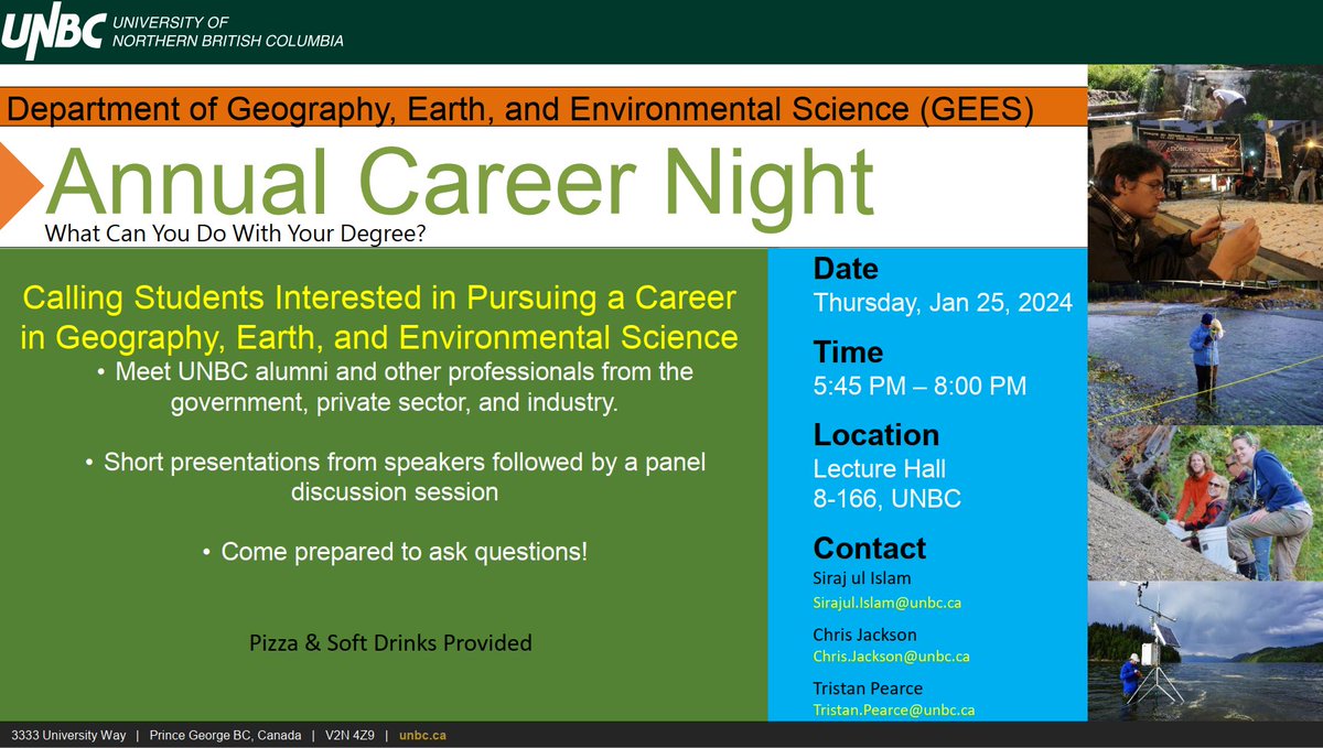 UNBC Geography, Earth & Environmental Sciences (@unbc_gees) on Twitter photo ✅ Annual Career Night with <a href="/UNBC_GEES/">UNBC Geography, Earth & Environmental Sciences</a>, Jan 25th!
What can you do with your degree?
-Meet UNBC Alumni & professionals from the government, private sector & industry
-Short presentations from speakers followed by a panel discussion
-Come with questions
www2.unbc.ca/events/80081/a… ✅ Annual Career Night with <a href="/UNBC_GEES/">UNBC Geography, Earth & Environmental Sciences</a>, Jan 25th!
What can you do with your degree?
-Meet UNBC Alumni & professionals from the government, private sector & industry
-Short presentations from speakers followed by a panel discussion
-Come with questions
www2.unbc.ca/events/80081/a…