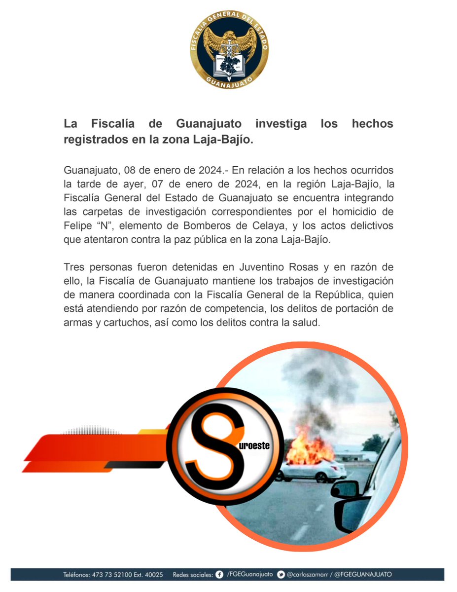 macare39302574's tweet photo. @FGEGUANAJUATO  investiga los hechos registrados el 07/01/2024  en la zona Laja-Bajío https://t.co/knHQi4JPWh