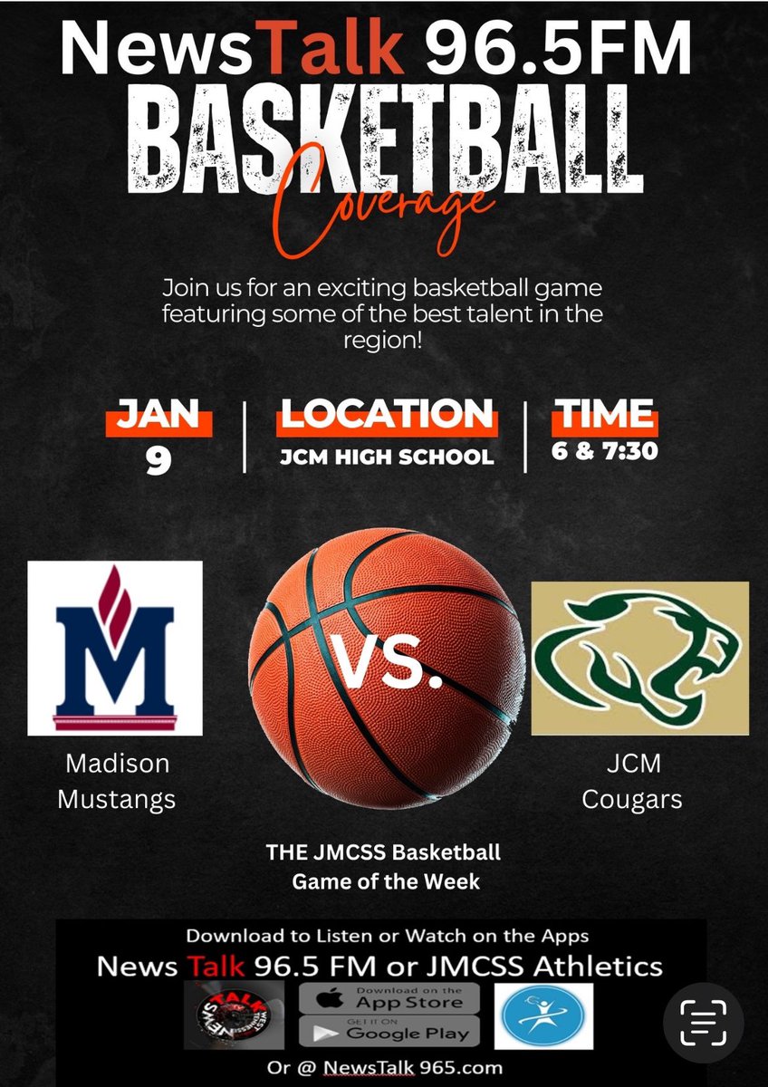 TheCoachTS's tweet photo. Watch/listen live at News Talk 96.5 FM or https://t.co/A9I9Wej5mh as we brings you the Madison Academic Magnet High School Mustangs vs the JCM Early College High Cougars Tuesday starting at 6pm. https://t.co/Vo5iWcTvpw