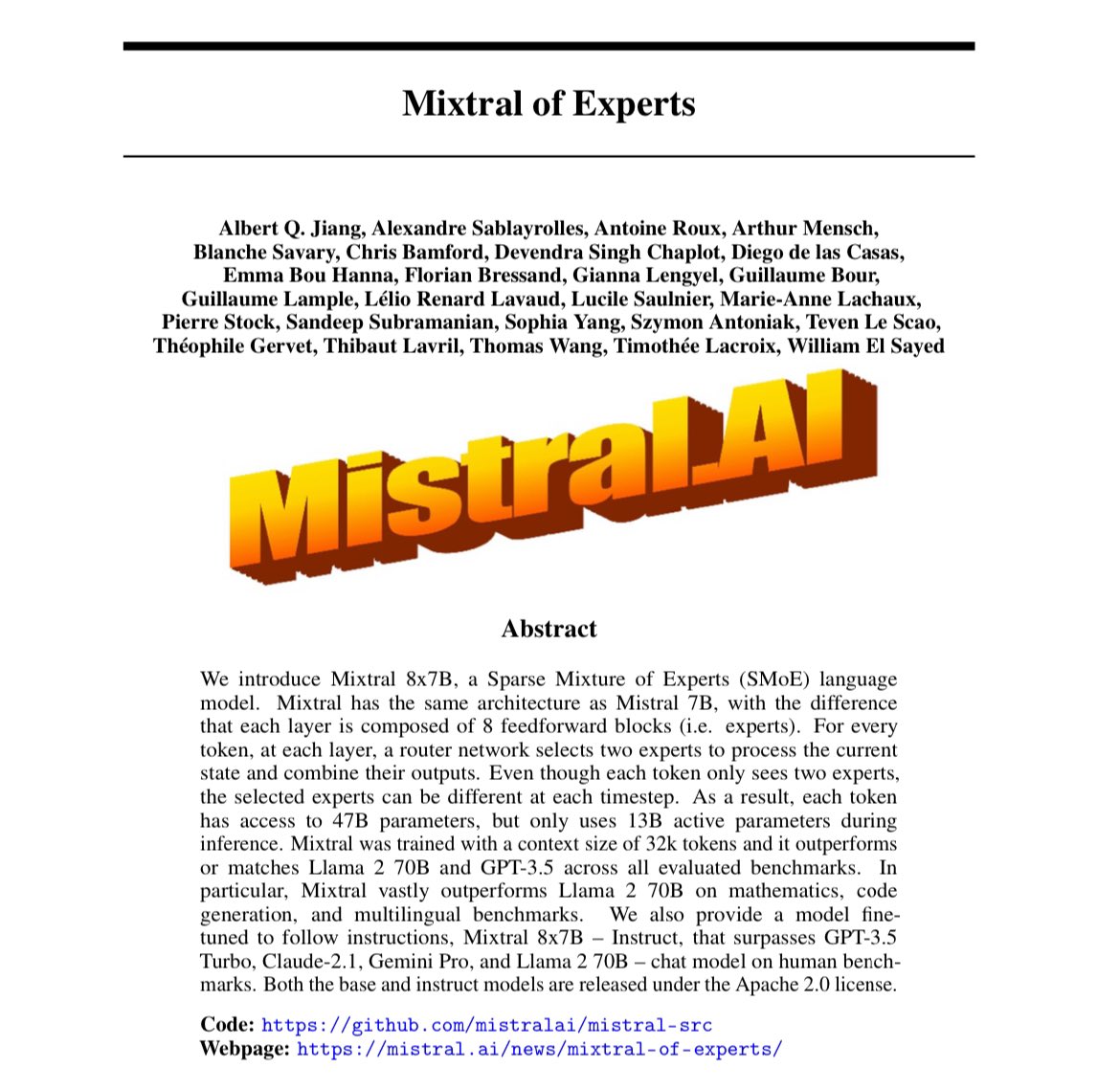 We just released Mixtral 8x7B paper on Arxiv:
arxiv.org/abs/2401.04088