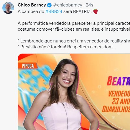 tracklist's tweet photo. Chico Barney afirma que a campeã do #BBB24 será Beatriz. Forças para a querida! https://t.co/xQ2dYtuatw