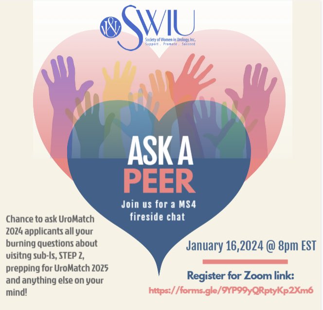 📣Attention aspiring Uro Docs🩺🚨 
#SWIUdents is kicking off 2024 with a panel of M4's who applied urology and lived to tell the tale! 
📆Join us Jan 16th @ 8pm EST as our star students share their tips for all things UroMatch!
➡️Register: forms.gle/6HvHeZ62A66hS2…