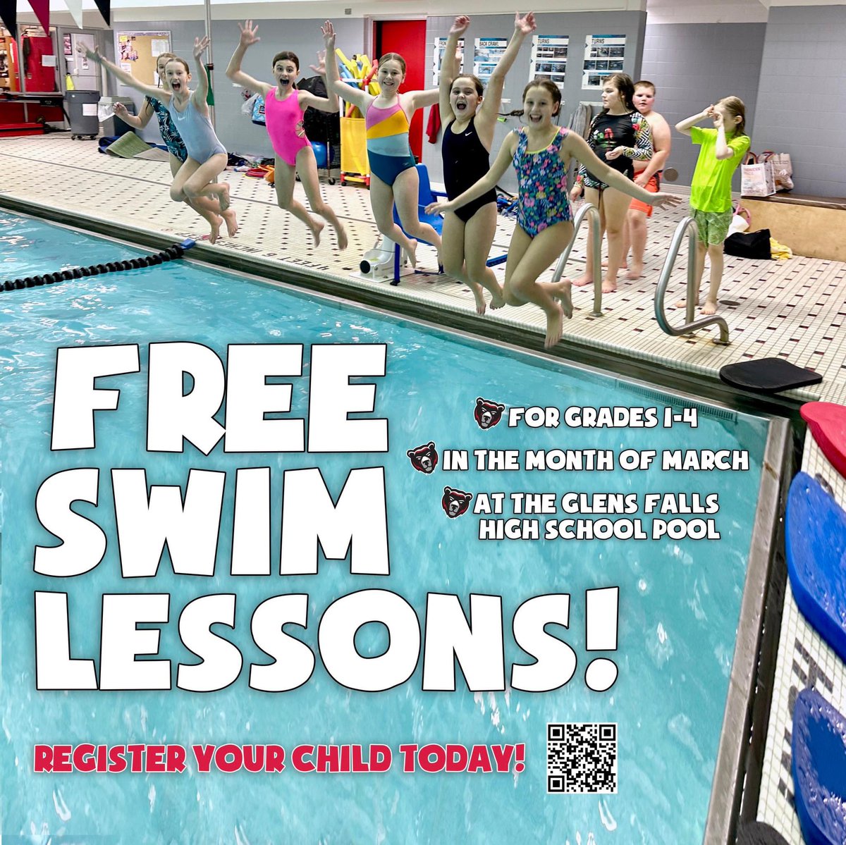 GlensFallsCSD's tweet photo. BIG NEWS! Glens Falls kids in grades 1-4 can join our FREE swim lesson program in the month of March! There is NO COST to attend, swimsuits/towels can be provided, and approved instructors/lifeguards will make this a great experience for all. Sign up:
https://t.co/zOTQFvc32T https://t.co/1wZPmeliUc