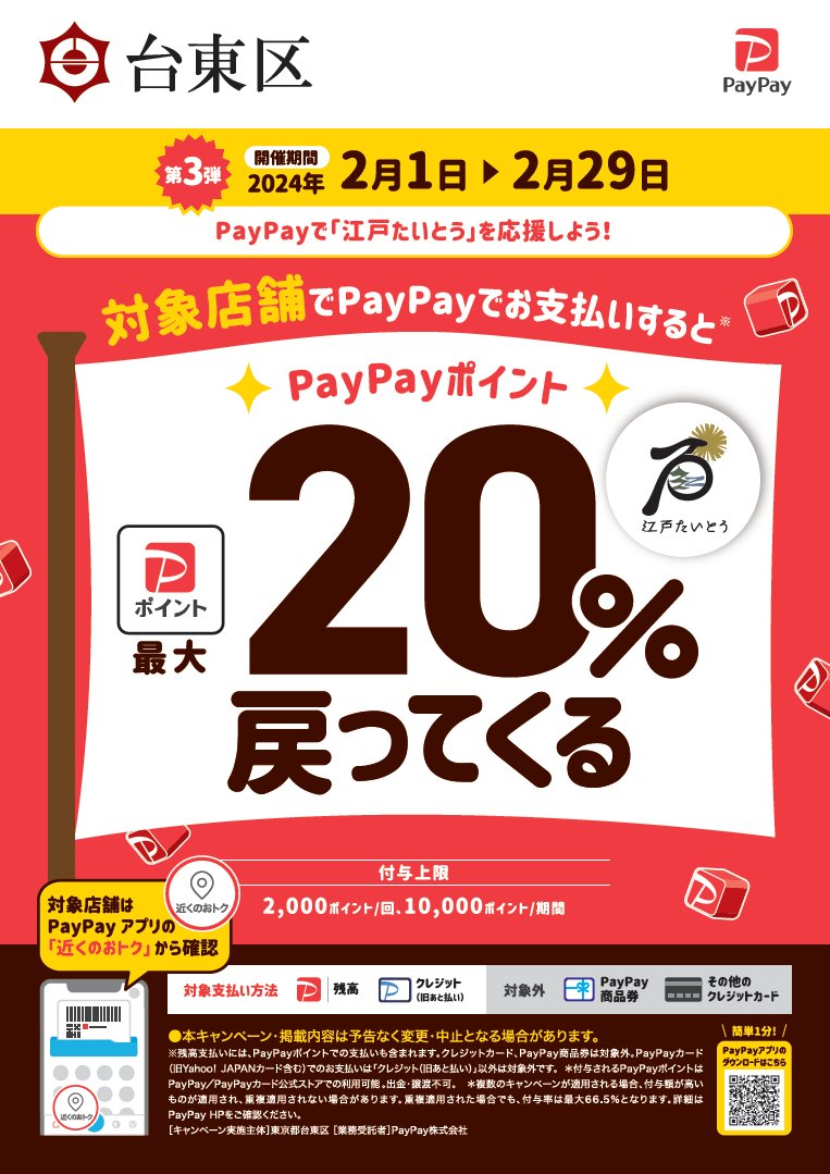 taito_city's tweet photo. 【お知らせ】「江戸たいとう」キャッシュレス決済ポイント還元事業（第3弾）実施！
区内対象店舗で、PayPayで買い物すると、支払金額の最大20％のポイントを付与！！
※ポイント予算がなくなり次第終了します
期間：令和6年2月1日から2月29日
詳しくは、区HPをご覧ください。
https://t.co/Jnb7JTzOvX https://t.co/9xy1cWYpZb