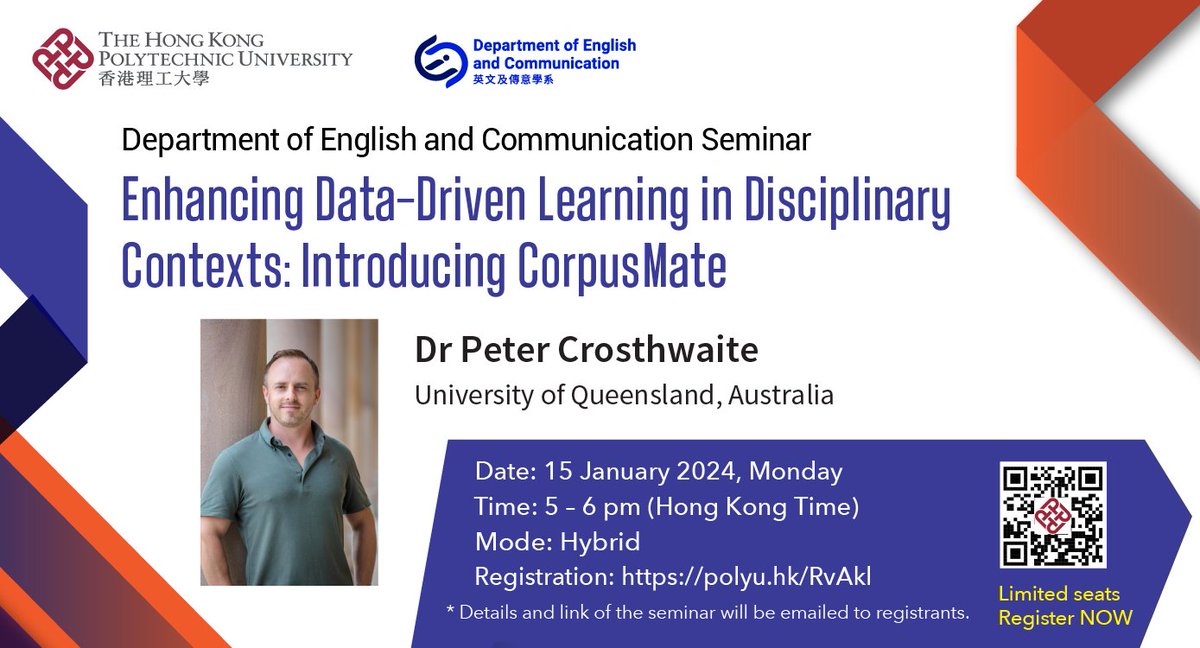 HKPolyUENGL's tweet image. Join Dr Peter Crosthwaite @DrCrosthwaite @UQ_News in discussing #DataDrivenLearning. He will introduce CorpusMate, a novel corpus tool for effective language teaching and learning. Registration👉polyu.hk/RvAkl @OpenAppLing @FocusCorpus
