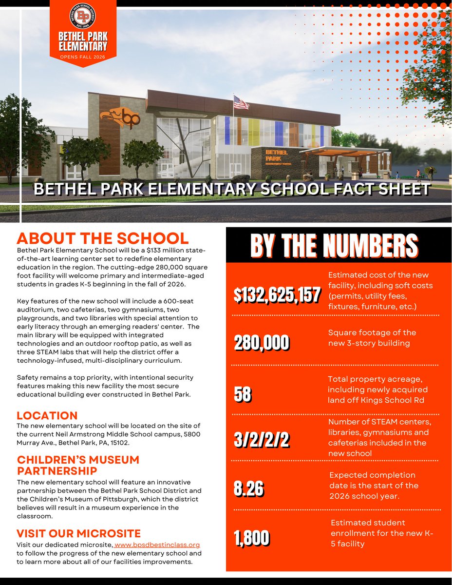bpsdinfo's tweet photo. Bethel Park School District will hold a formal groundbreaking ceremony for its new elementary school at 4 p.m. tomorrow (Tuesday, Jan. 9, 2024) at the current site of Neil Armstrong Middle School (5800 Murray Ave., Bethel Park, PA 15102). Everyone is invited to join us! https://t.co/17ztb6sxT6