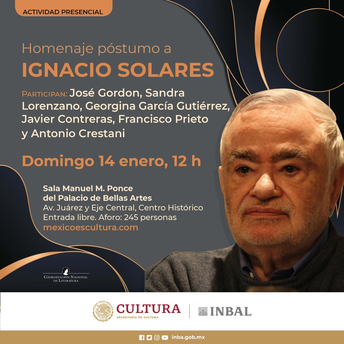 Con emoción comparto esta invitación. Muchas gracias <a href="/literaturainba/">Literatura INBAL</a> por la organización. Habrá lectura de fragmentos del teatro de <a href="/i_solares/">Ignacio Solares</a> a cargo de <a href="/LuisMaya80/">Luis Maya</a> y de Salomón Santiago. <a href="/pepegordon/">Jose Gordon</a> <a href="/crestanimx/">Antonio Crestani</a>