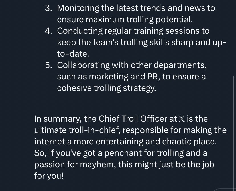 Grok explaining what a (CTO) Chief Troll Officer does 🤣