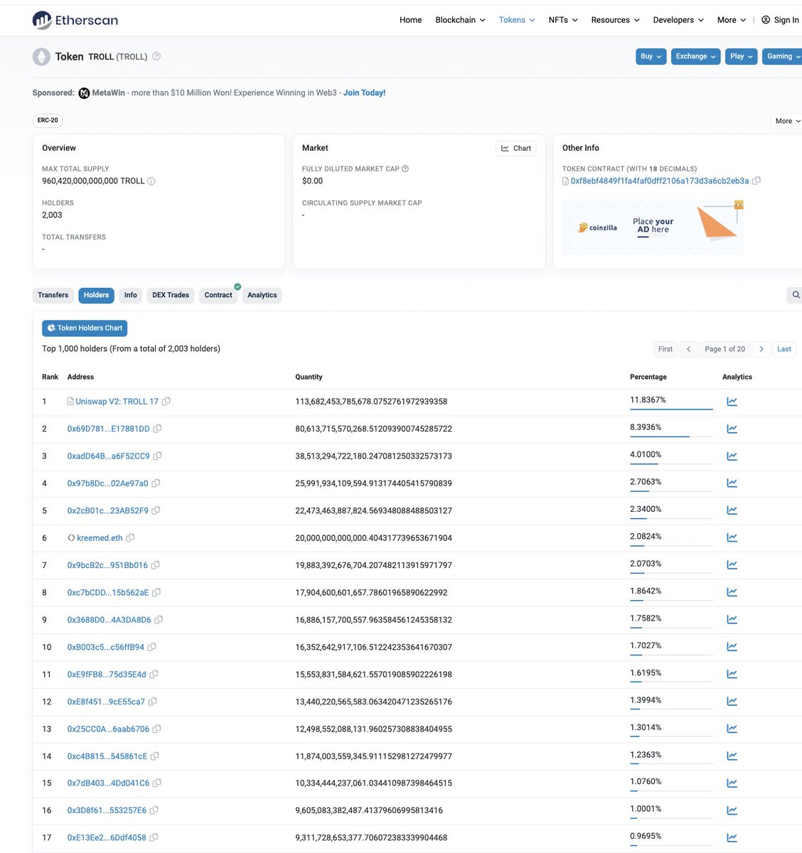 马斯克把简介里面的doge改成troll啦，dextools里面翻到一个巨魔老币 $troll ，这个池子是最大的，23年4月创建的，持币地址2002个，推上搜合约地址有17条记录。
早上musk刚改简介，知道的不多，所以持币地址只增加啦几十个，musk以前是 $doge 的CEO，现在是 $troll