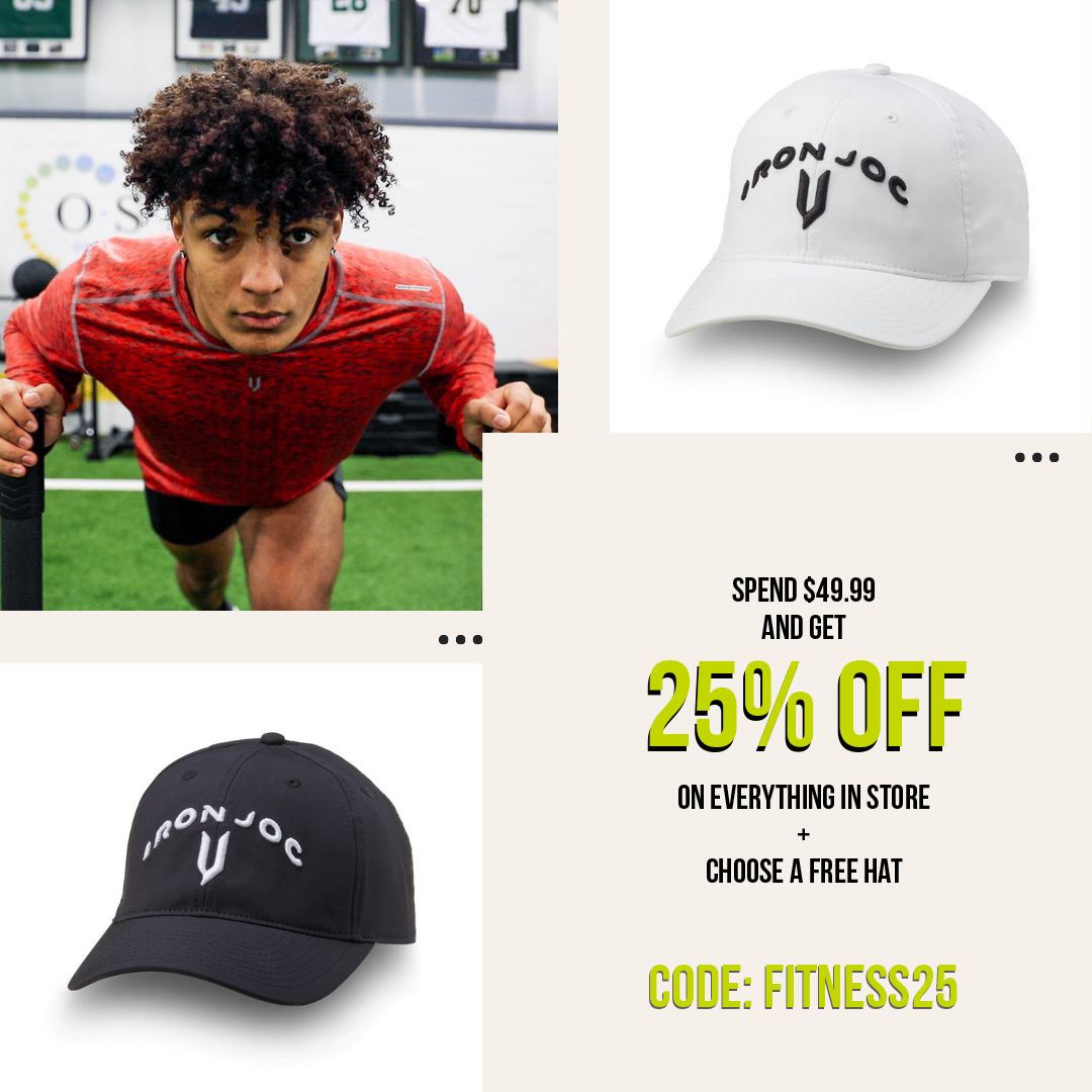 Add items to your cart, hit $49.99 or more and you'll automatically get the option to choose your free Performance Cap. Oh, and save 25% Off with code FITNESS25

That's how you rock your resolutions & support WI's favorite athletic brand at the same time!

ironjoc.com