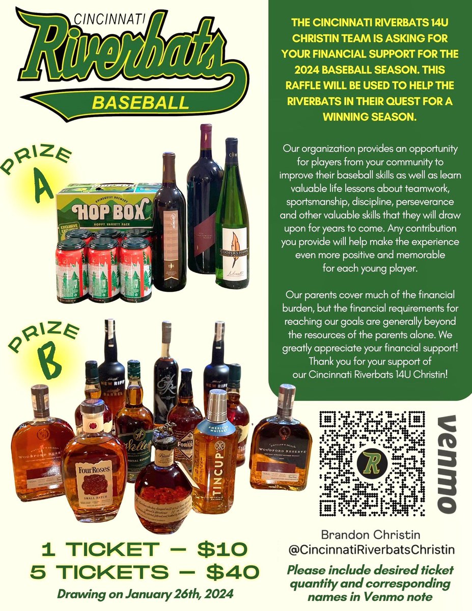Lori_Fyffe's tweet photo. Support the 14U Cincinnati Riverbats! Grab your chances…Drawing Jan. 26th⚾️ https://t.co/EMmXCYanc9