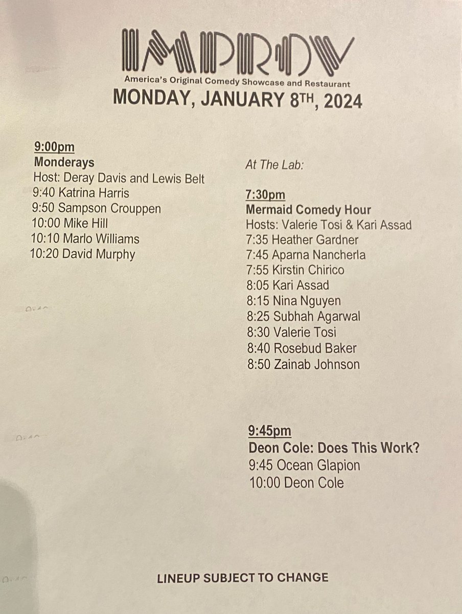 Set times tonight! <a href="/MermaidComedyHr/">Mermaid Comedy Hour at The Hollywood Improv 1/27!</a> &amp; <a href="/deoncole/">DEON COLE</a> are SOLD OUT! Get tickets for MonDeRays at improv.com/hollywood or arrive early and buy at the door! #hollywoodimprov #comedy
