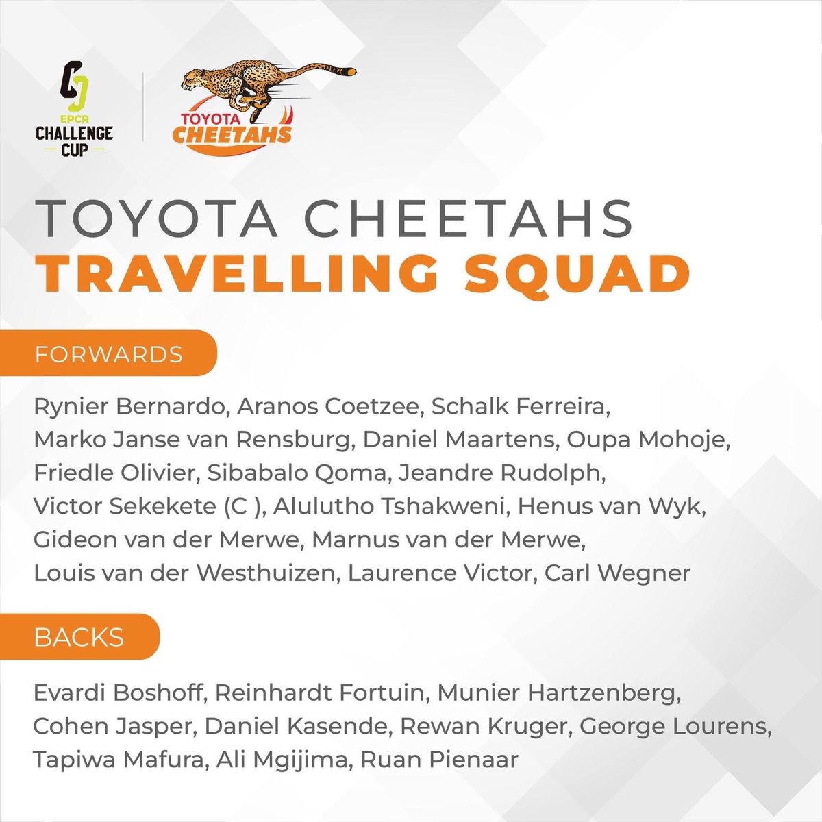 Toyota Cheetahs' travelling squad for their Round 4 of Pool 1 of the 2023/24 EPCR Challenge Cup against Section Paloise Béarn Pyrénées on Sunday. 💪🏻 🐆

#EPCRChallengeCup
#GlobalSportsNews        

©️ The Cheetahs
