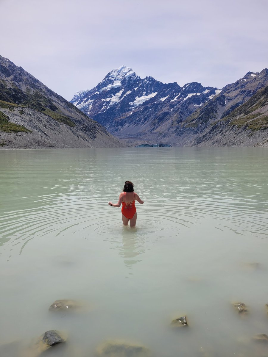 Our 'wildest' swim yet? Helen braving a chilly glacier lake at the foot of New Zealand's Mount Cook/Aoraki.

#coldwaterswimming 
#newzealand 
#mountcook