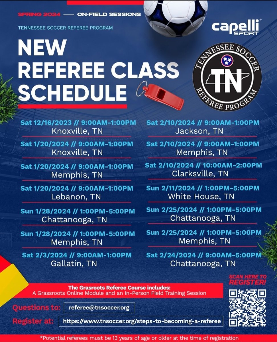 KristopherJRay's tweet photo. The Tennessee Soccer Referee Program is bringing new Field Training Sessions to Chattanooga in preparation for the Spring 2024 season.
Register: https://t.co/pzSAnw08Id
Questions? Please email referee@tnsoccer.org
More information: https://t.co/40jxl9ik6s https://t.co/Ihs7ooXU9P