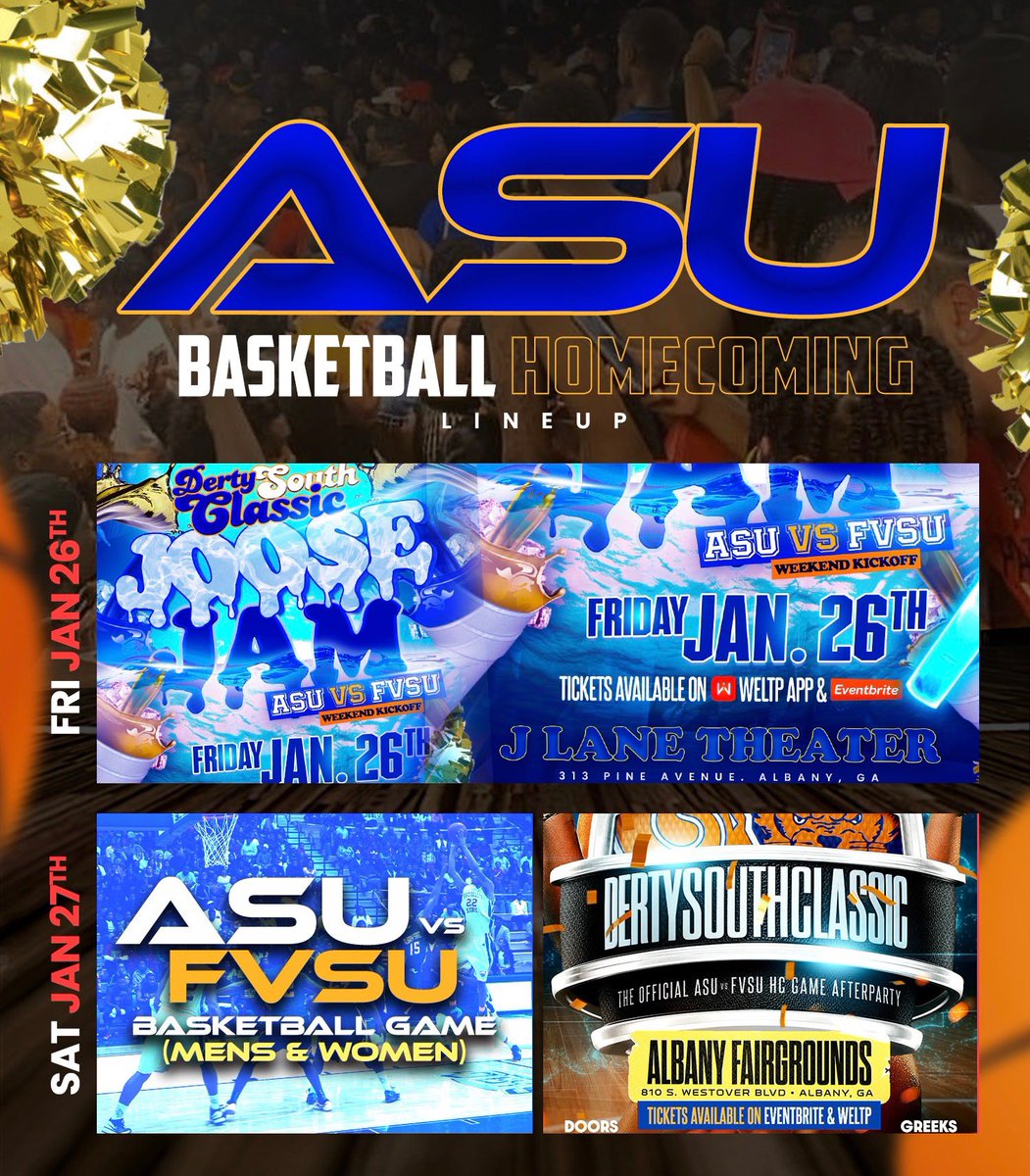 _shantg's tweet photo. SPRING LINE UP 
RED STORM THE FINALE 
SATURDAY JAN 13th 
https://t.co/9xrKC6jJCx
DertySouthClassic Weekend 🏀
1-26-24: JOOSE JAM 🥤
Location: J Lane Theater 🏚️
Greeks free til 11 !@LBlockASU 
1-27-24 #DertySouthClassic 
Location: Albany Fairgrounds 
5k people expected every year https://t.co/ECUdIhWbmq