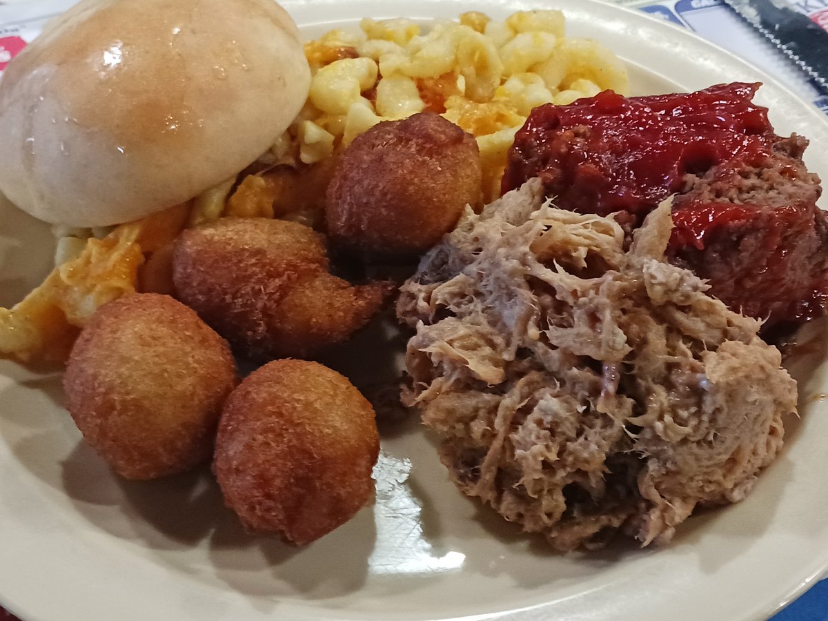 Photo of the day January 04, 2024 - Buffet plate at Grandsons in Hope Mills, NC. #meat #pulledpork #meatloaf #macaroniandcheese #roll #hushpuppies #food #photooftheday