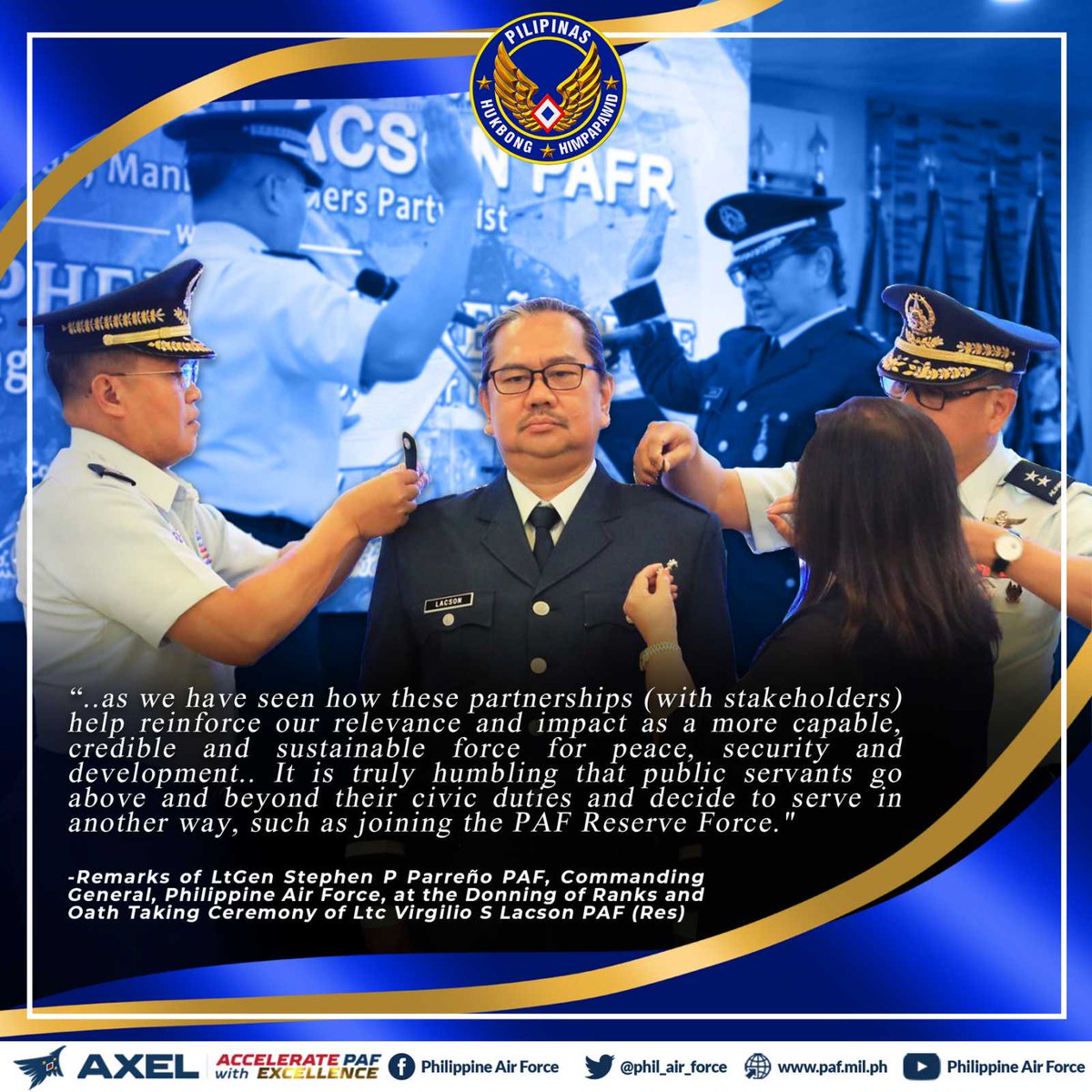 PhilAirForce's tweet photo. PAF HIGHLIGHTS
LtGen Stephen P Parreรฑo PAF, Commanding General of the Philippine Air Force recognizing the value of public servants going beyond their civic duties to actively serve in the Reserve Force. #Donning #reservist https://t.co/9wX5r4gmSh